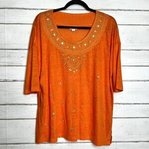 J. Jill Love Linen Orange Embellished Short Sleeve Blouse Size Medium